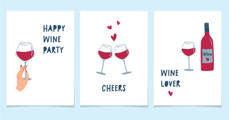 National Wine Day. Hand holding glass with red wine, bottle and hearts. Set of minimalistic style greeting cards. Vector illustrations.のイラスト素材