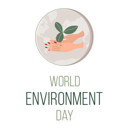 World Environment Day. Ecology concept background with hands holding tree leaves and Earth globe. Hand drawn minimalistic style vector illustration.のイラスト素材