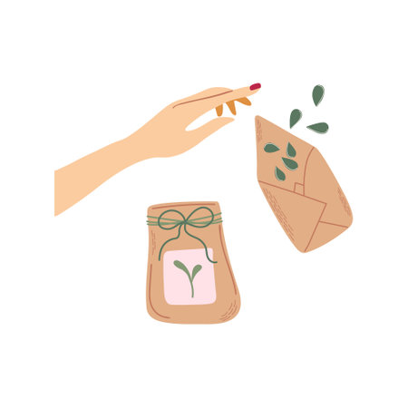 Human hand and seeds in paper bags. Spring seedling. Home gardening and plant care concept. Gardening hobby. Hand drawn vector illustration.のイラスト素材