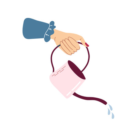 Female hand holding watering can. Home gardening and plant care concept. Gardening hobby. Flat style hand drawn vector illustration.のイラスト素材