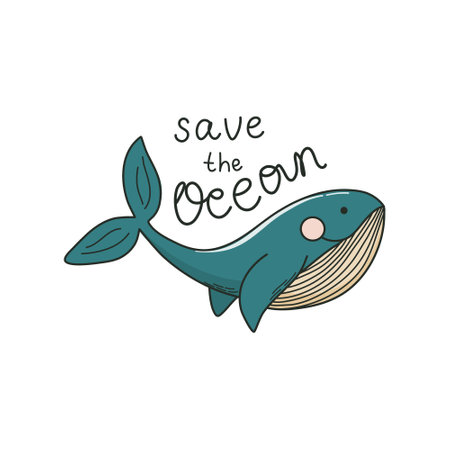 Blue whale as Ocean symbol. Save the Ocean lettering. Zero waste, sustainable nature, planet conversation, ecological life concept. Doodle style vector illustration.のイラスト素材