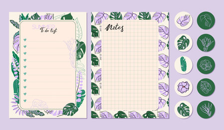 Stationery set decorated with tropical plant elements. Cute bright to do list, notes and stickers with exotic leaves and flowers. Vector illustrations for planning and education.のイラスト素材