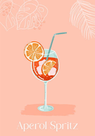 Summer poster with Spritz Cocktail. Glass of drink with ice and orange slices. Vector illustration of alcoholic beverage decorated with tropical plants on background.のイラスト素材