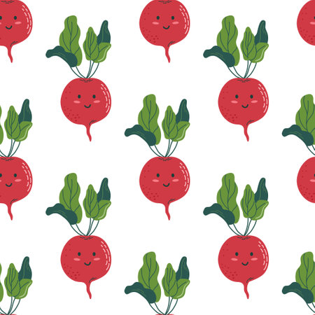 Seamless pattern with kawaii  beetroot. Easter theme kids background. Vegetable, healthy vegan food concept. Flat style vector illustration.のイラスト素材