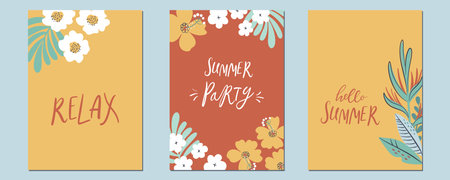 Set of tropical Summer backgrounds. Vibrant flower backdrop set with lettering. Vertical posters or cards with blooming flowers and leaves. Flat style vector illustrations.のイラスト素材