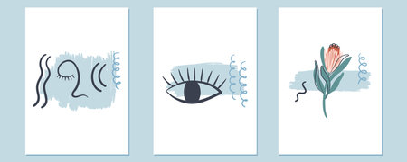 Set of creative minimalistic abstract posters. Boho aesthetic compositions. Hand drawn vector illustrations with decorative lines, curls, painted strokes. For card, poster, coverのイラスト素材