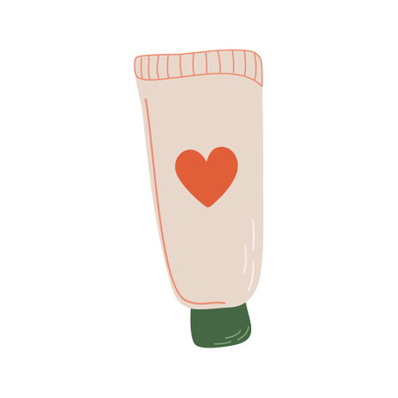 Skin care cream in a tube with heart. Time to hygge, body care concept. Hand drawn flat style vector illustration.のイラスト素材