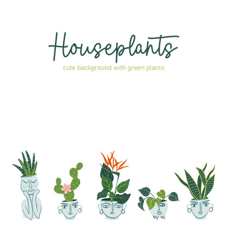 Background with home plants, cacti, succulents. Hand drawn vector illustration. Cute floral template for cards, scrapbook, textile print.のイラスト素材
