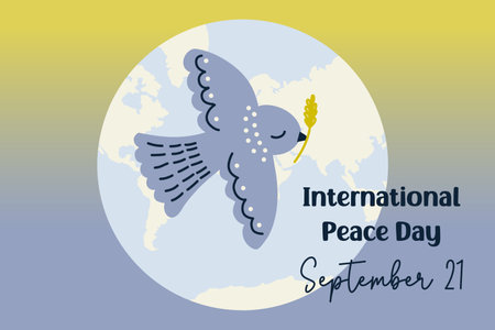 International Peace Day. Cartoon dove with olive branch and globe on background. Symbol of peace. Vector illustration.のイラスト素材