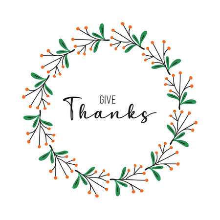 Vector fall wreath with plant branches. Autumn plant elements and slogan Give Thanks. Circle frame made from hand drawn berries and leaves.のイラスト素材