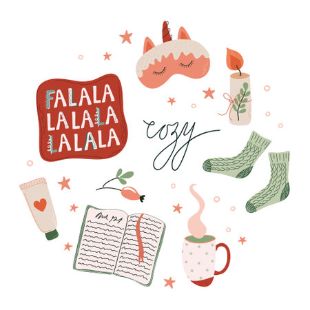 Cute print with cozy Winter elements. Hygge, concept of Scandinavian lifestyle. Christmas holiday. Flat style vector illustration.のイラスト素材