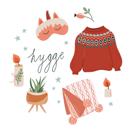 Cute print with cozy Winter elements. Hygge, concept of Scandinavian lifestyle. Christmas holiday. Flat style vector illustration.のイラスト素材