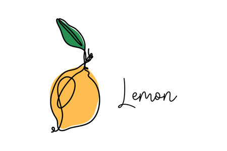 Lemon with leaf continuous one line drawing.  Vector linear illustration made of single line.のイラスト素材