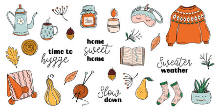 Set of cozy home theme vector illustration. Hygge, concept of Scandinavian coziness and comfortable lifestyle. Cute Autumn design elements.のイラスト素材