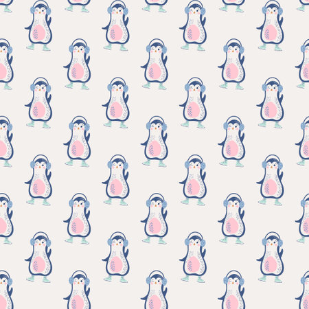 Christmas seamless pattern with cute cartoon penguins. Winter background. Vector flat style illustration for fabric, wrapping paper, scrapbooking, textile, poster, postcard design.のイラスト素材