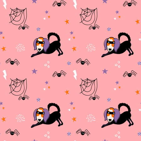 Halloween seamless pattern. Cute background with dog in a Spiderman costume. Pet pawty. Flat style vector illustration.のイラスト素材