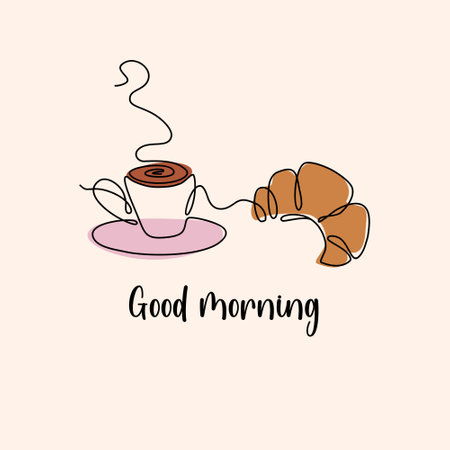 Cute composition with cup of coffee and croissant. National Croissant Day. Fresh French pastry. Breakfast food and Good morning lettering. Line art style vector illustration.のイラスト素材