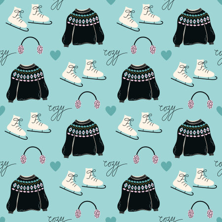 Cute Winter seamless pattern. Cozy objects background. Vector illustration with clothes, skates, hearts for print, textile, decor, paper.のイラスト素材