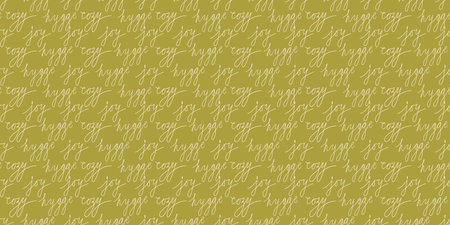 Hygge, cozy, joy. Seamless pattern with handwritten lettering. Hand drawn flat style vector background.のイラスト素材