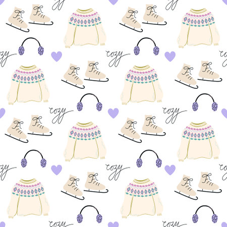 Cozy objects background. Cute Winter seamless pattern. Vector illustration with clothes, skates, hearts for print, textile, decor, paper.のイラスト素材