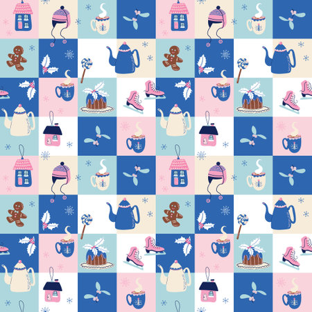 Abstract Christmas geometric seamless pattern. Mosaic background with holiday symbols. Modern design vector illustration, flat style.のイラスト素材