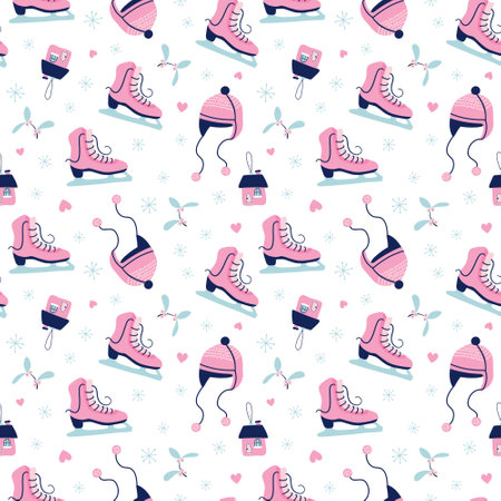Cute New year and Christmas seamless pattern. Beautiful Winter background. Hand drawn skates, hats, mistletoe, snowflakes. Hand drawn vector print for paper, textile, greeting cardのイラスト素材