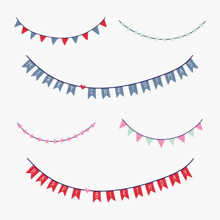 Set of holiday decoration garlands. Christmas and Birthday decoration elements. Merry Christmas and Happy Birthday messages, stars, flags.のイラスト素材