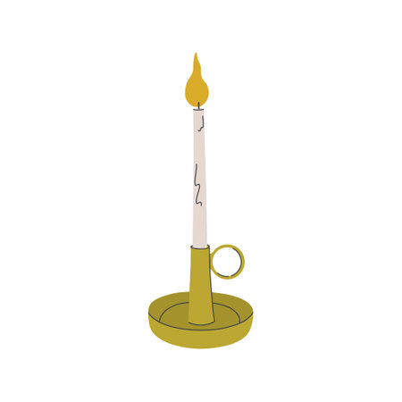 Burning candle in elegant modern candlestick. Decorative wax candle for relaxation and comfort.  Hygge, concept of Scandinavian lifestyle. Hand drawn vector illustration.のイラスト素材