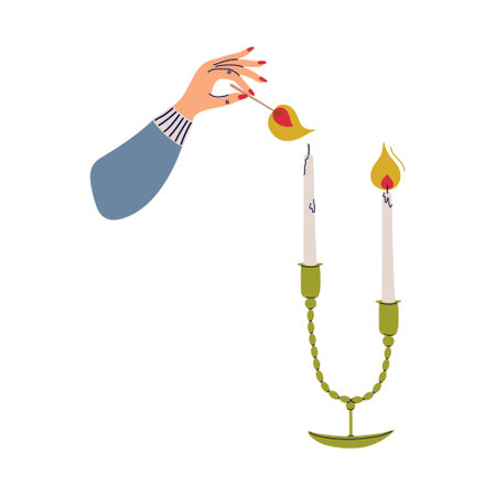 Person going to light candle with match. Human hand holding matchstick. Candles in modern candlestick. Hygge, concept of Scandinavian lifestyle. Flat style vector illustration.のイラスト素材