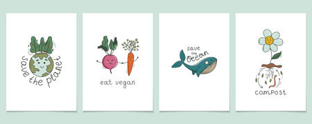 Set of prints of environmental problems, save the Planet, save the Ocean, eat veggie, compost. Go green. Concept of sustainable lifestyle. Doodle style vector illustrations.のイラスト素材