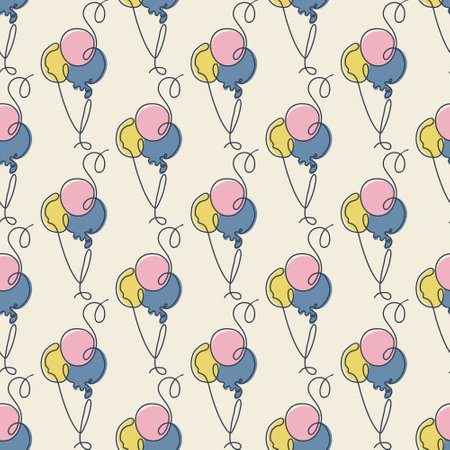 Vector illustration of Ice cream in waffle cone, scoops with different flavors. Line art style seamless pattern. Sweet summertime dessert. Italian gelato. Continuous line drawing.のイラスト素材