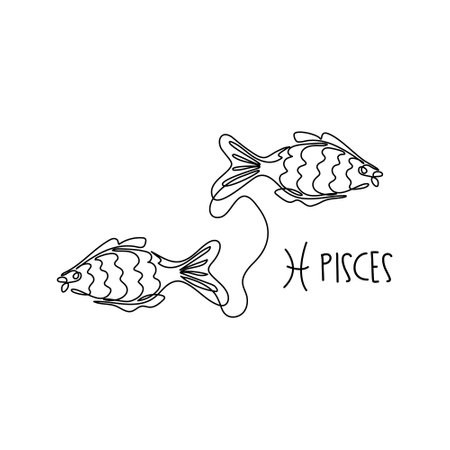 Pisces. Astrological zodiac sign. Line art style print with two fishes swimming in opposite directions. Zodiac constellation. Cute tattoo. Hand drawn vector illustration.のイラスト素材