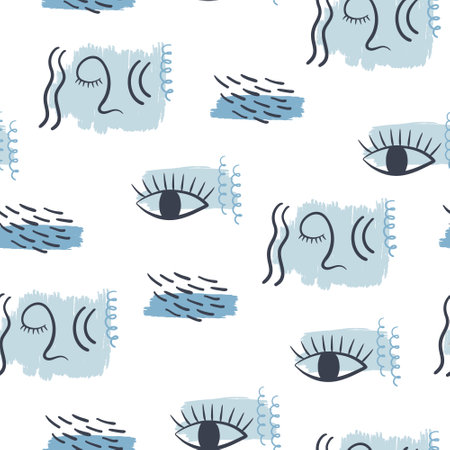 Seamless pattern with esoteric symbols. Abstract vector illustration. Hand drawn minimalistic background with stylized face, eye, textures.のイラスト素材
