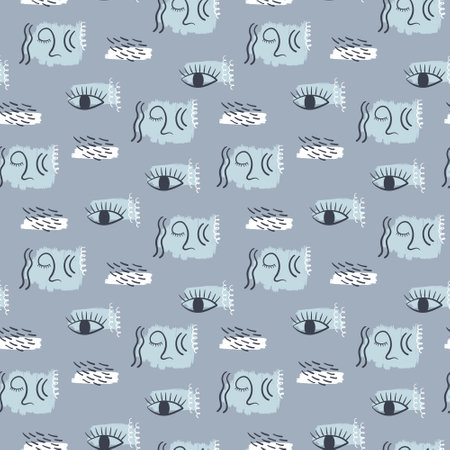 Seamless pattern with esoteric symbols. Abstract vector illustration. Prehistoric rock art. Hand drawn background with stylized face, eye, textures.のイラスト素材