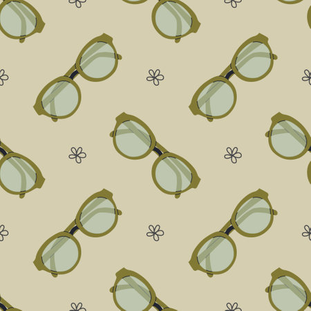 Seamless pattern with plastic colorful eyeglasses in flat style and doodle flowers. Retro style print with personal accessory. Background with modern glasses. Hand drawn vector.のイラスト素材
