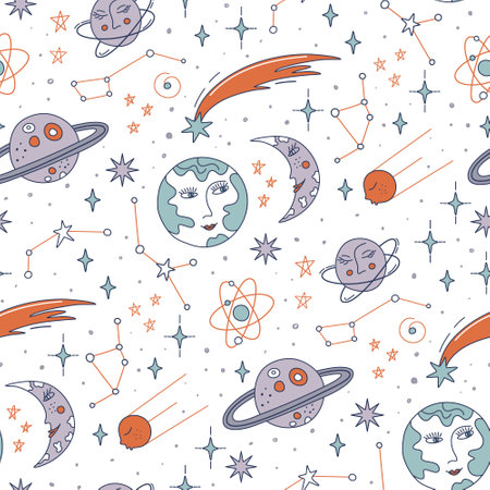 Cute seamless pattern with astronomy symbols for kids. Outer space colorful background. International day of human space flight. Doodle style vector illustration.のイラスト素材