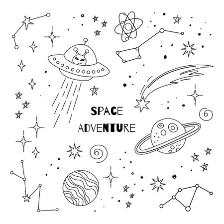 Outer space adventure background with hand drawn planets, stars, UFO. Doodle outer space print. Vector illustration for card, sticker, print, coloring page, tattoo. Anti stress.のイラスト素材