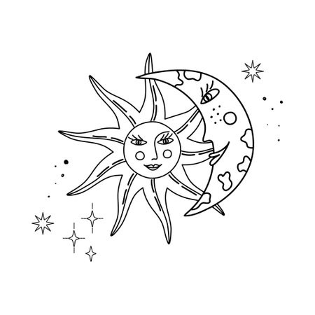 Doodle outer space print in whimsical boho style with Moon and Sun faces. Sunshine and crescent cosmic symbols.  Vector illustration for card, sticker, print, coloring page, tattooのイラスト素材