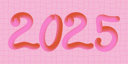 2025 Happy New Year 3d neon liquid logo text design. Set of 2025 numbers. Colorful  retro y2k...