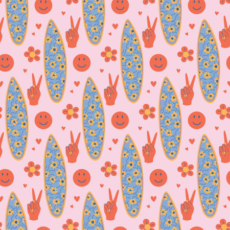 Retro style surfboard seamless pattern. Vintage cool vibes background. 70s aesthetic print with SUP board, victory symbol, smile. Hand drawn flat style vector illustration.のイラスト素材