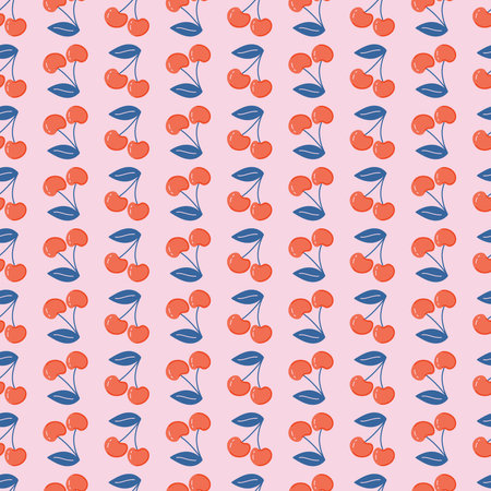 Cute cherry seamless pattern. Retro style Summer background. Minimalistic fruit ornament on pink...
