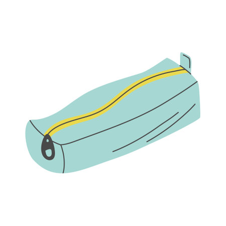 School stationery, cute pencil case. Bright colors zippered cosmetic bag. Hand drawn flat design vector illustration isolated on transparent background.のイラスト素材