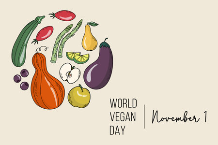 World Vegan Day, November 1. Banner with hand drawn fruits and vegetables. Colorful vegetarian food background, card, poster, cover. Vector illustration.のイラスト素材