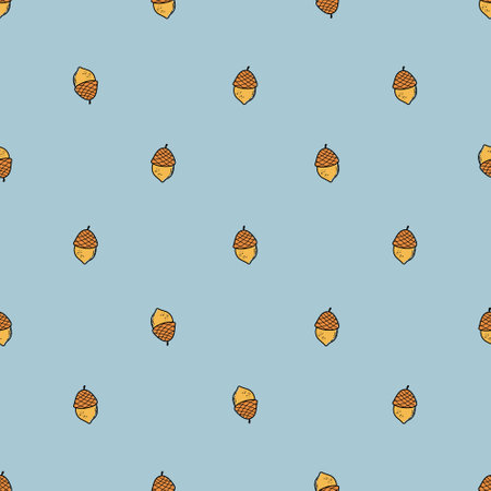 Minimalistic ornament for harvest festival. Cute kids Autumn plant seamless pattern. Vintage colors fall background with acorn. Hand drawn doodle style vector illustration.のイラスト素材
