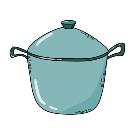 Cooking or water bath canning pot. Kitchen utensil. Accessories for preservation. Hand drawn doodle style vector illustration.のイラスト素材