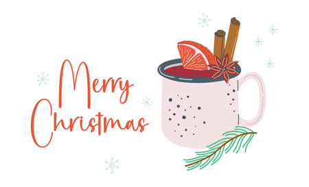 Merry Christmas greeting card. Mulled wine with cinnamon sticks, orange slice and star anise. Warm spice alcohol drink. Winter holidays traditional tipple.のイラスト素材