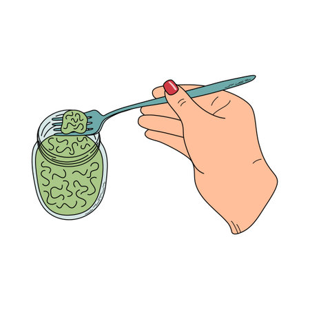 Hand extends fork to scoop food from jar. Step of fermentation. Tasting food during the canning process. Hand drawn vector illustration.のイラスト素材