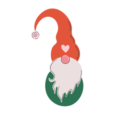 Cute Winter gnome with long beard and red hat. Traditional Christmas Nordic character. Scandinavian style hygge home decor. Hand drawn flat design vector illustration.のイラスト素材