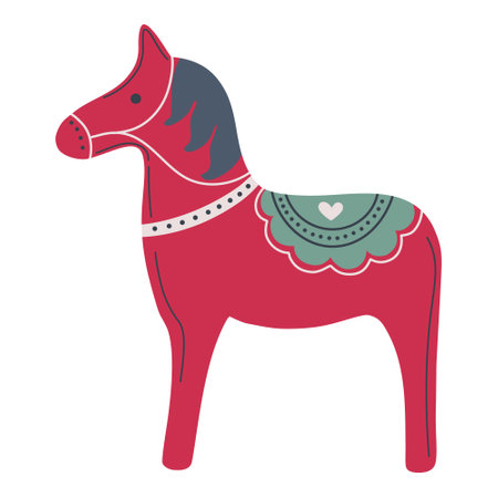 Horse. Ethnic folk art, ceramic or wooden animal figure with decorative ornament. Traditional Scandinavian Christmas symbol.  Hand drawn flat design vector illustration.のイラスト素材