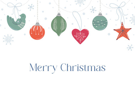 Cute hanging Christmas decorations, vintage balls, heart, bird. Xmas template for card and banner. Hand drawn flat design vector illustration.のイラスト素材